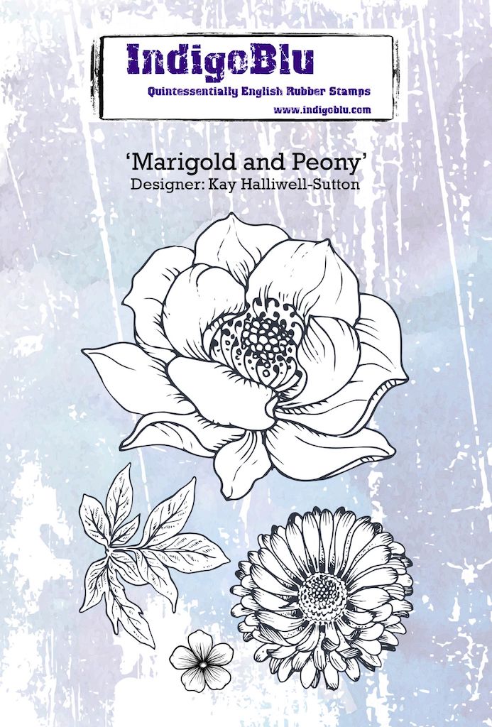 Marigold and Peony A6 Red Rubber Stamp by Kay Halliwell-Sutton